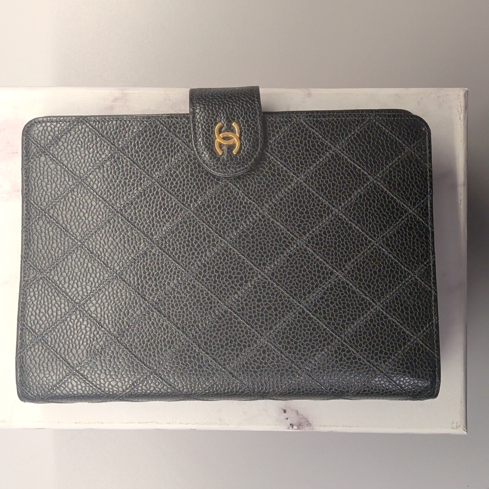 *Rare*CHANEL Black Leather Organizer with Gold Logo